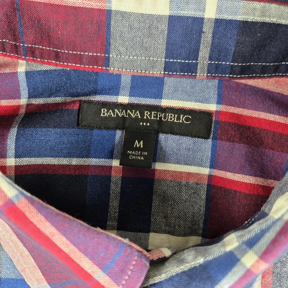 Banana Republic Shirt Medium Red White  Blue Plaid  Long Sleeve Preppy Workwear